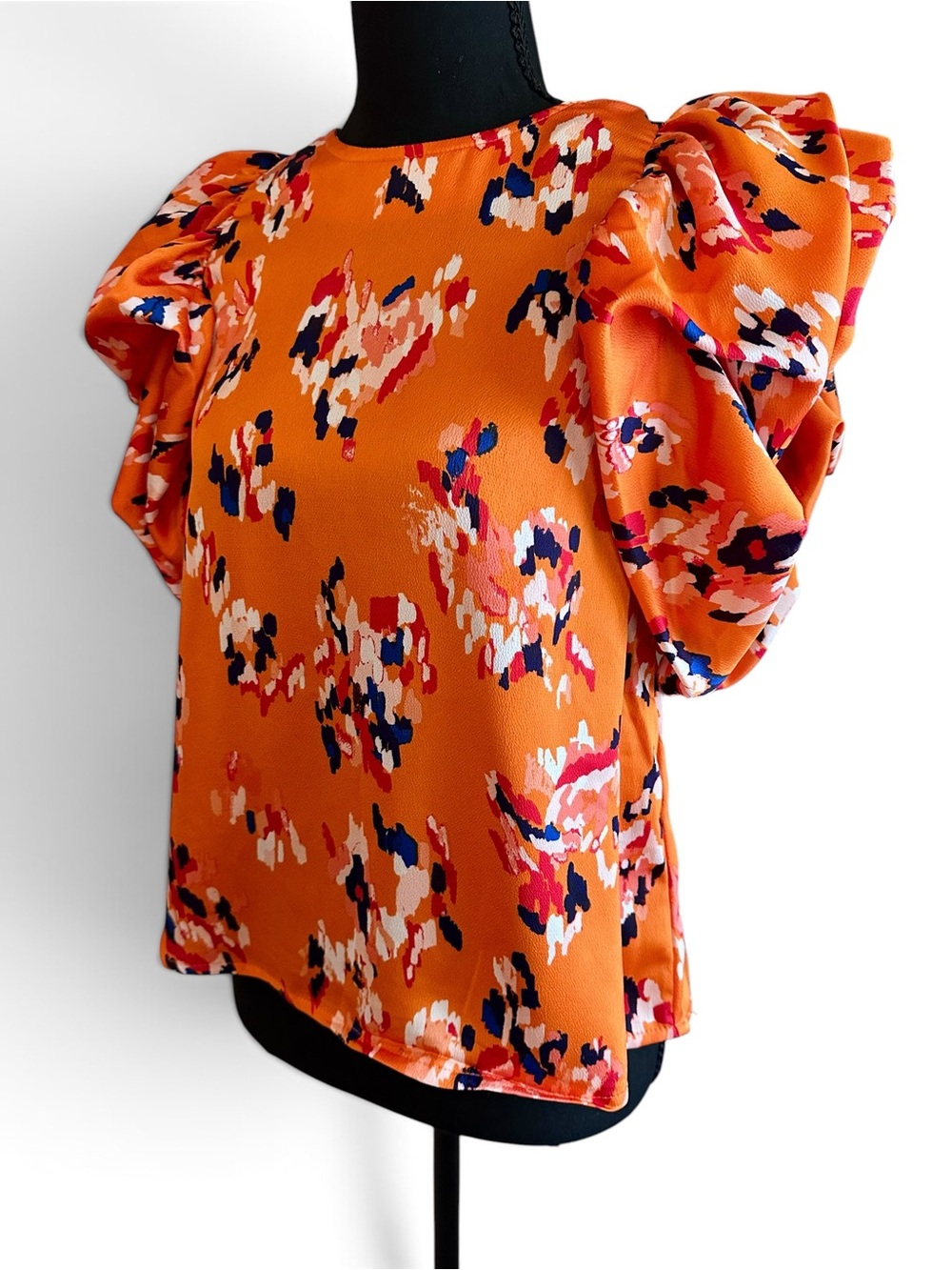 THML Orange Floral Puff-Sleeve Blouse